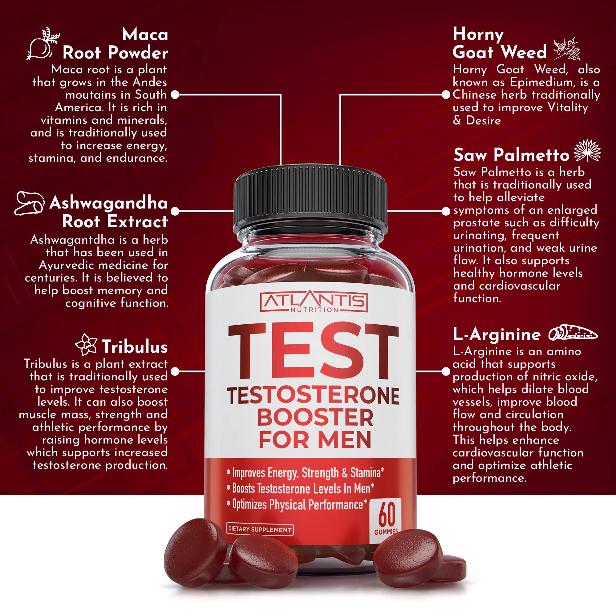 Atlantis Nutrition Testosterone Booster gummies pack-shot suggesting convenience for on-the-go energy