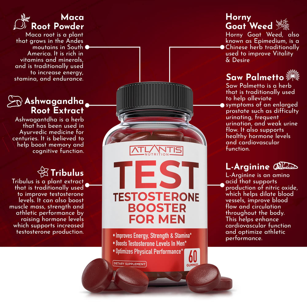 Atlantis Nutrition Testosterone Booster gummies pack-shot suggesting convenience for on-the-go energy