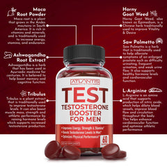 Atlantis Nutrition Testosterone Booster gummies pack-shot suggesting convenience for on-the-go energy