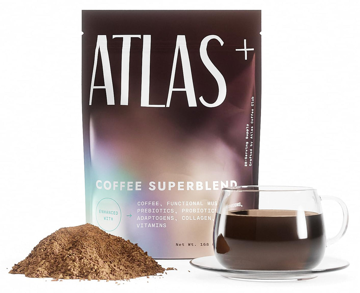 Atlas Coffee Club Atlas+ Superblend bag highlighting premium mushroom blend.