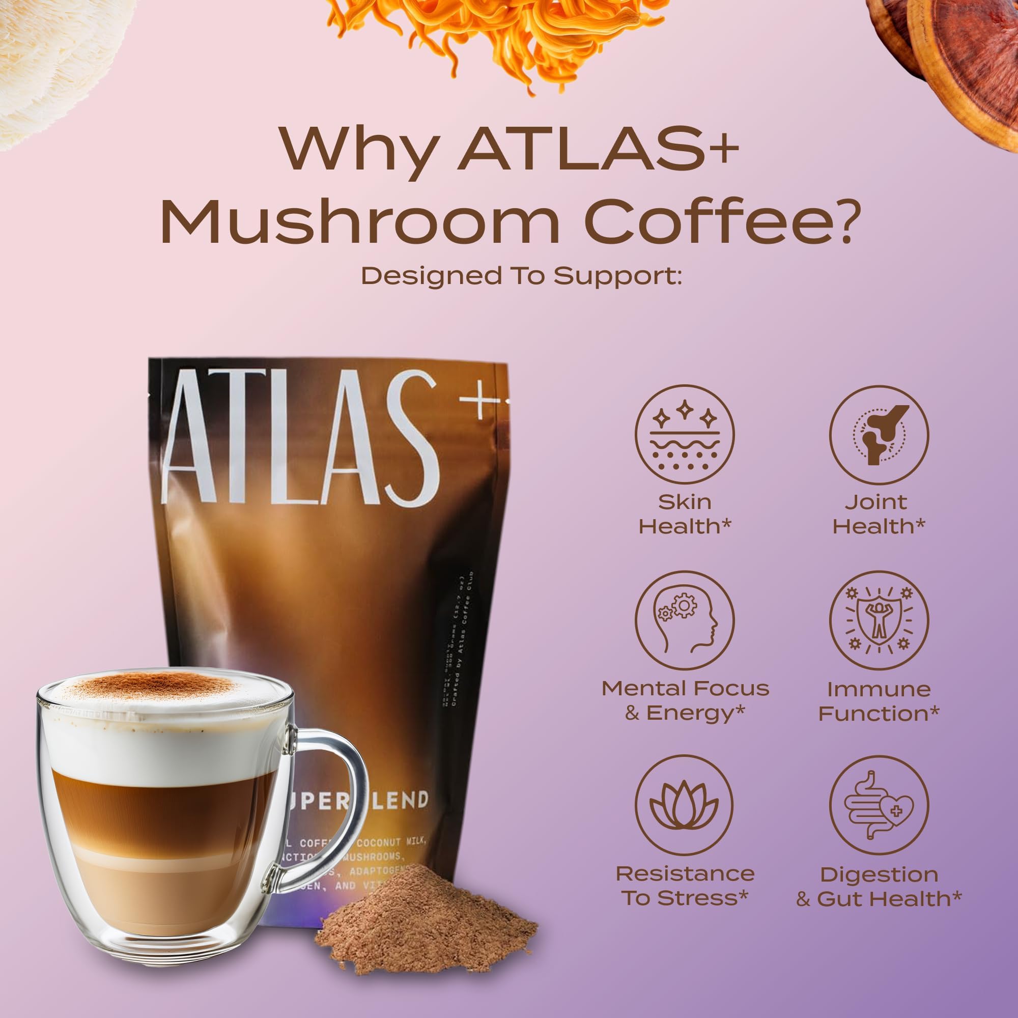Atlas Coffee Club Latte Superblend ingredients display with mushrooms and probiotics