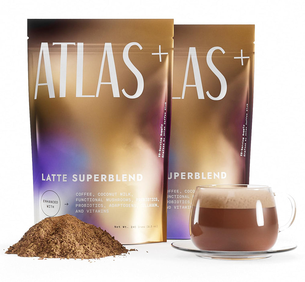 Atlas Coffee Club Latte Superblend pack shot highlights premium mushroom coffee for focus