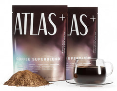 Atlas+ Superblend bag packaging hints at a premium mushroom coffee blend for mornings.