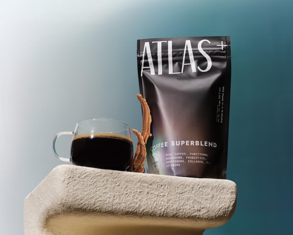 Atlas+ Superblend morning routine with mug and spoon.