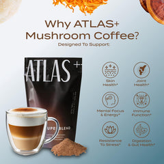 Atlas+ Superblend steaming cup reveals aroma and potential morning energy boost.