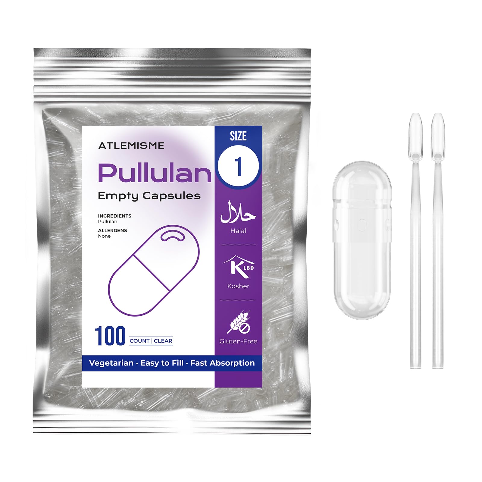 ATLEMISME Pullulan empty capsules size 1 are clear vegetarian capsules for DIY formulations.