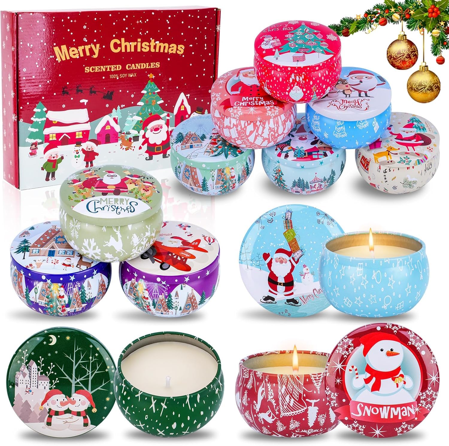 atrankikk 12pc Christmas scented candles packaging, gift-ready display for the holidays.
