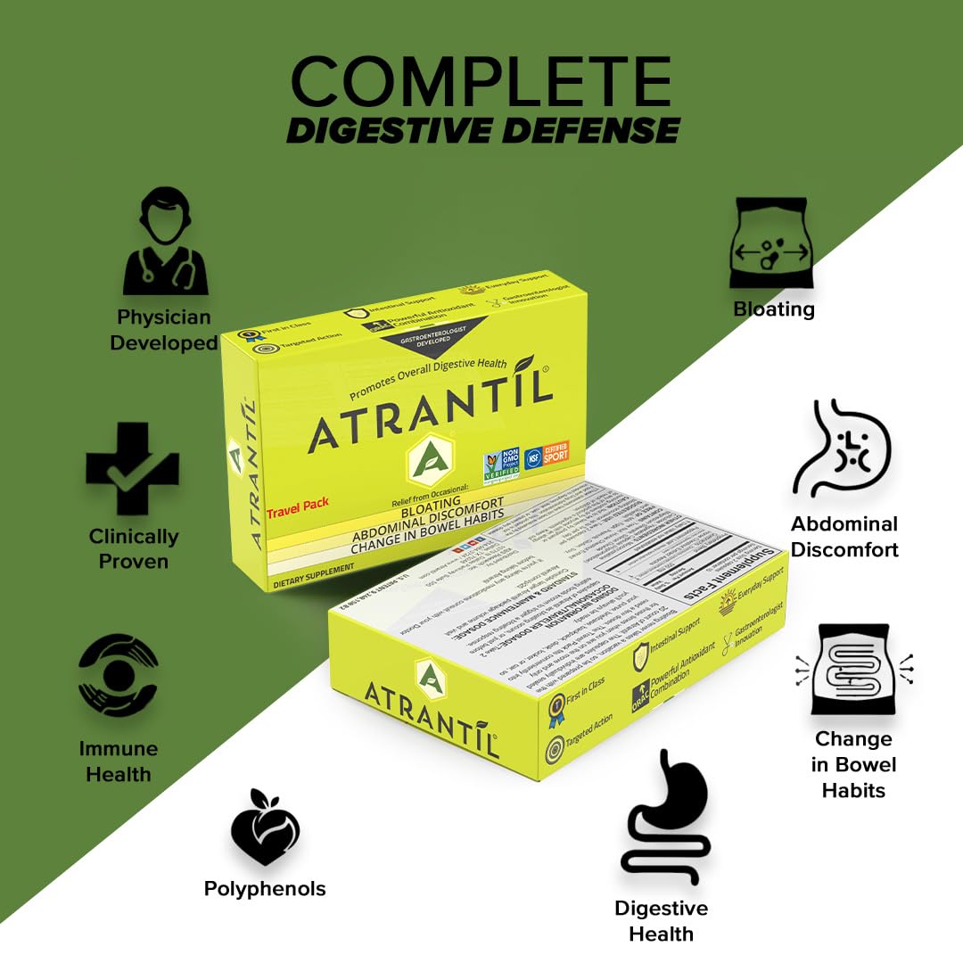 Atrantil Travel Pack packaging open showing capsules and label for dosing.