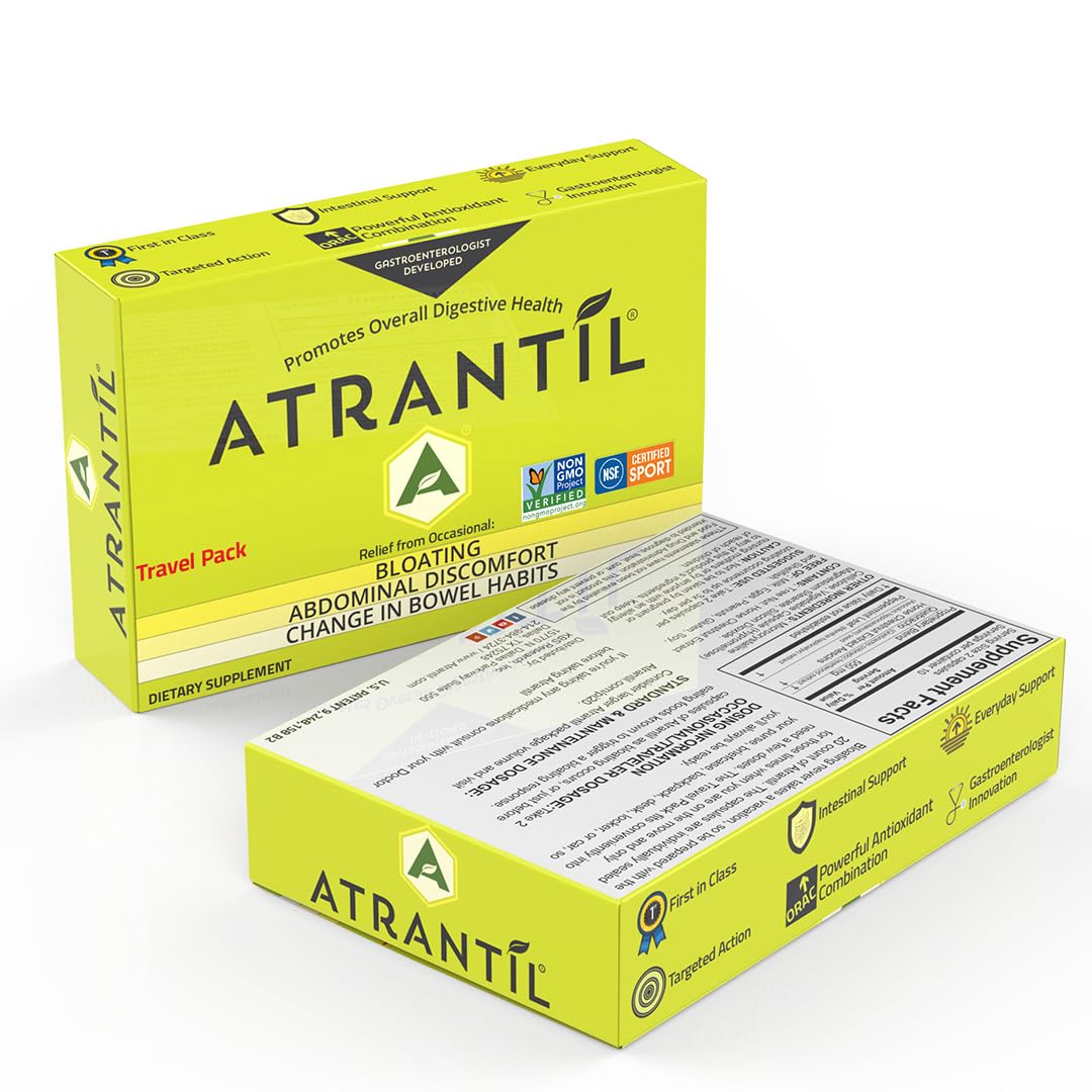 Atrantil Travel Pack travel-size bottle beside a glass of water.