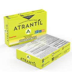 Atrantil Travel Pack travel-size bottle beside a glass of water.