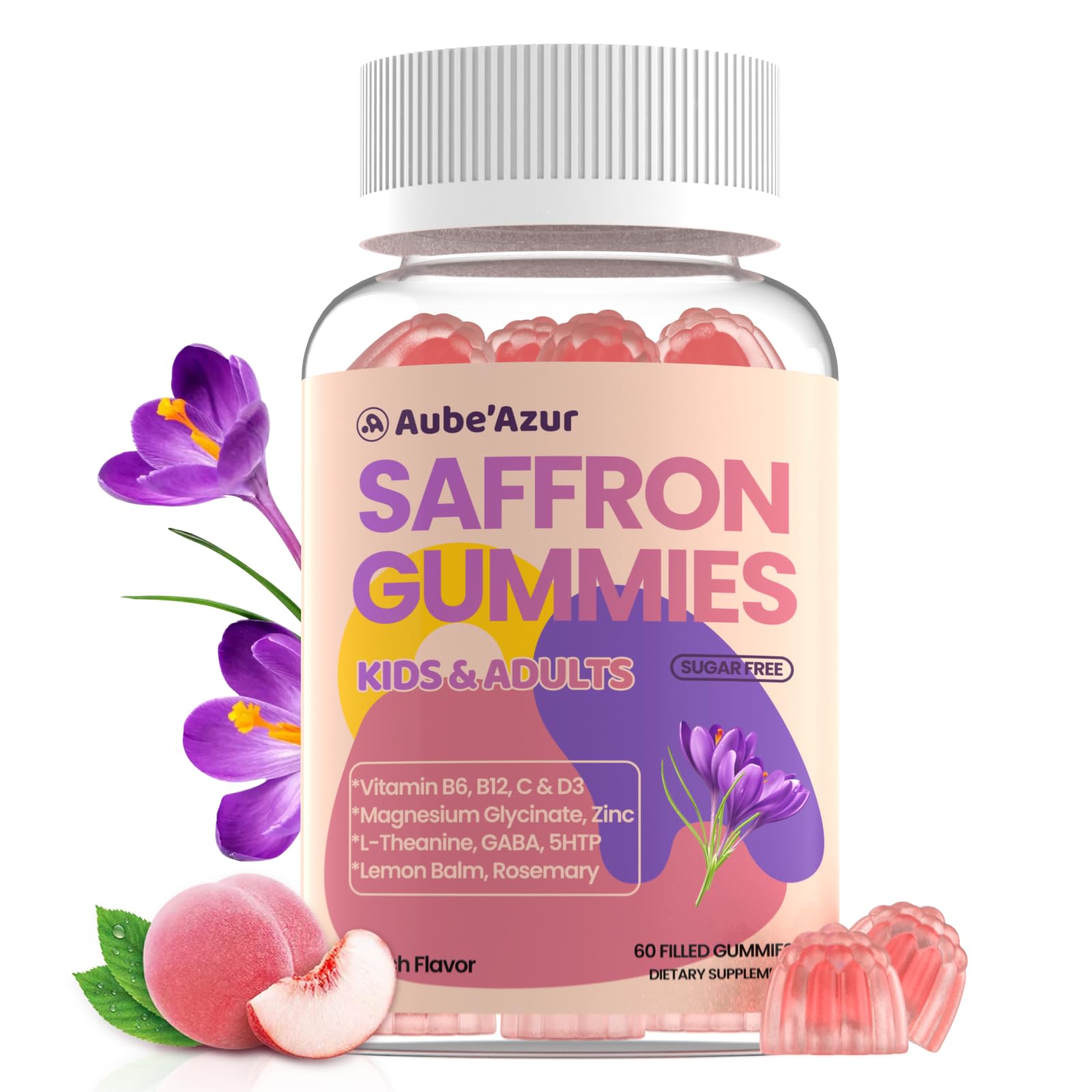 Aube'Azur saffron gummies packaging highlights a sugar-free vegan formula.