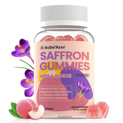 Aube'Azur saffron gummies packaging highlights a sugar-free vegan formula.