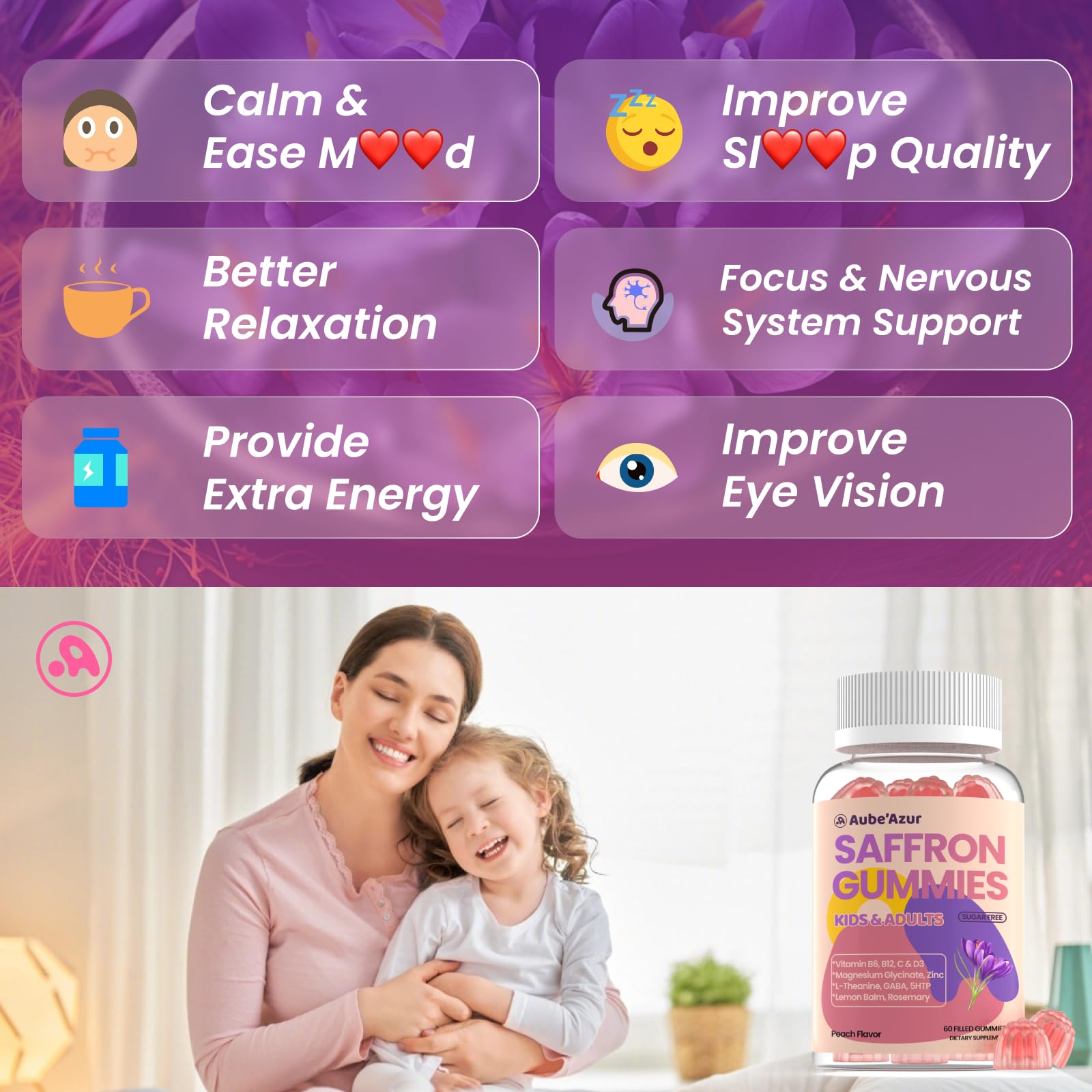 Aube'Azur saffron gummies two-layer delivery visual hints rapid absorption.