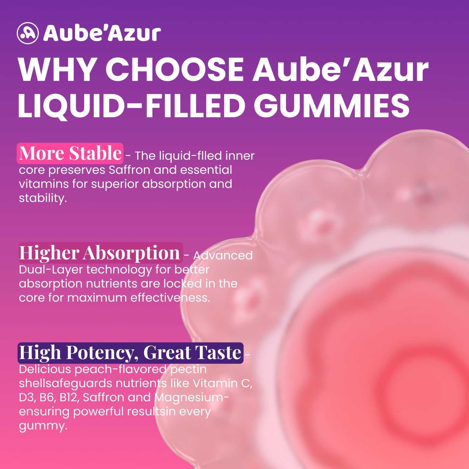 Aube'Azur saffron gummies are vegan and non-GMO for clean daily use.