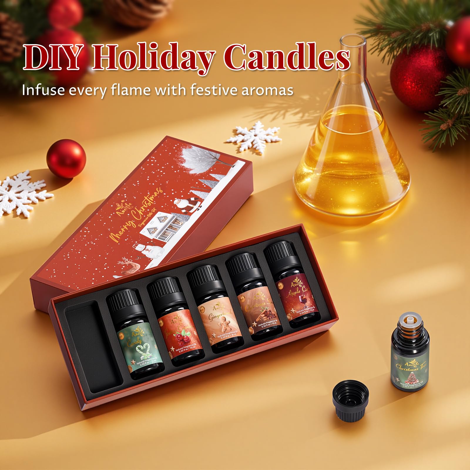 Auelife Christmas Tree essential oil captures fresh pine for home ambience.