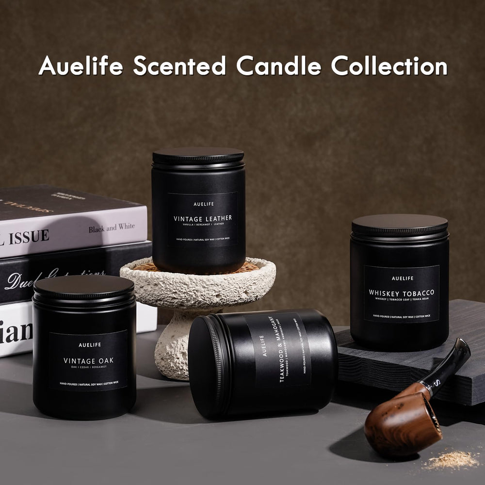 Auelife mahogany candle enhances a refined home office with wood notes.