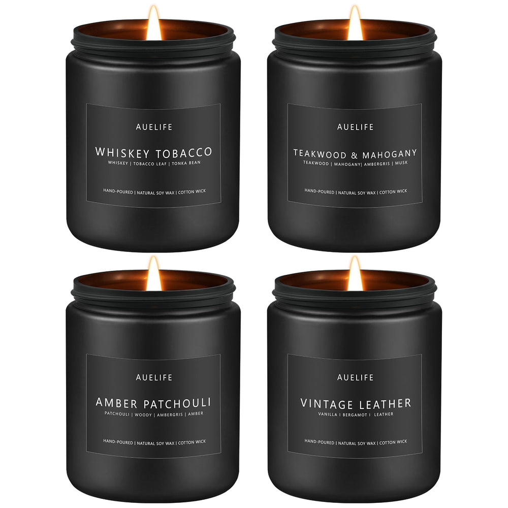Auelife whiskey tobacco candle creates warm masculine ambiance in the living room.