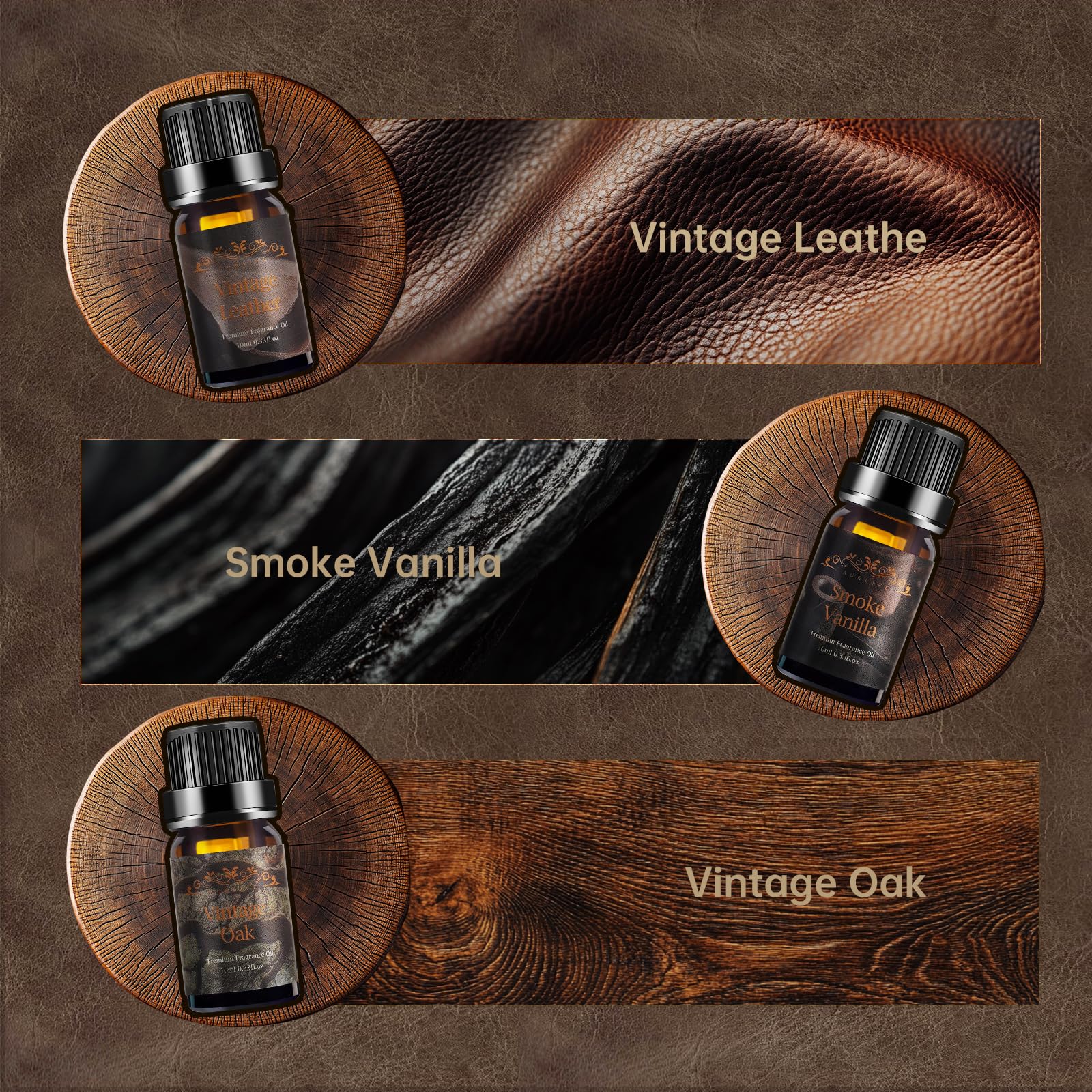 Auelife Smoke Vanilla oil bottle creates cozy, smoky ambiance.