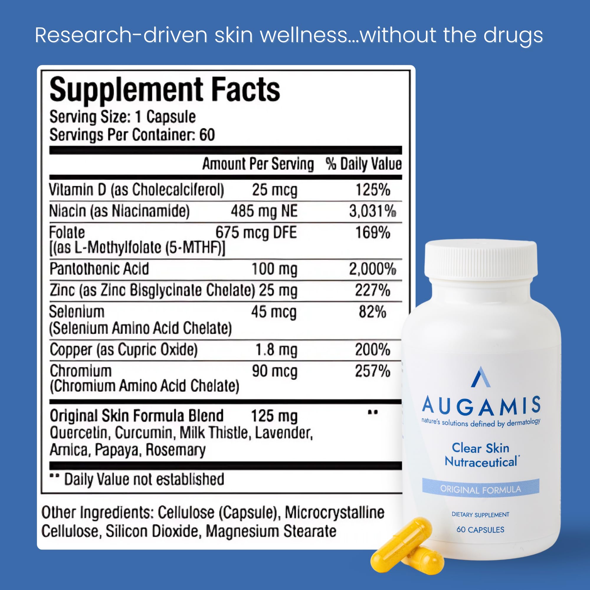 Two capsules daily dosage shown for simple, consistent acne support.