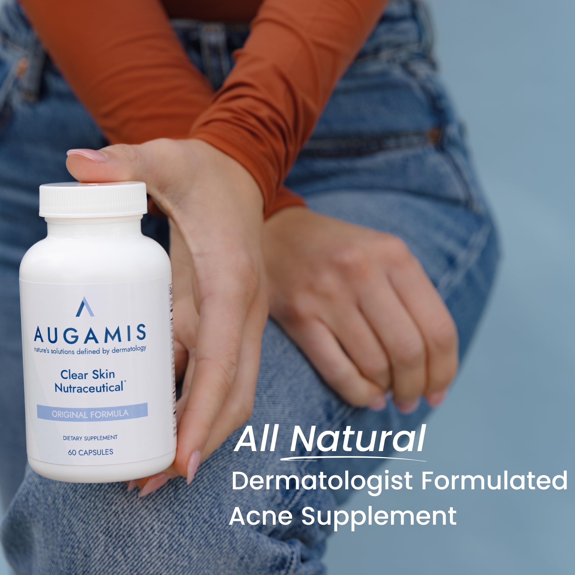 Augamis Hormonal Acne capsules closeup highlighting two-per-day routine for daily relief.