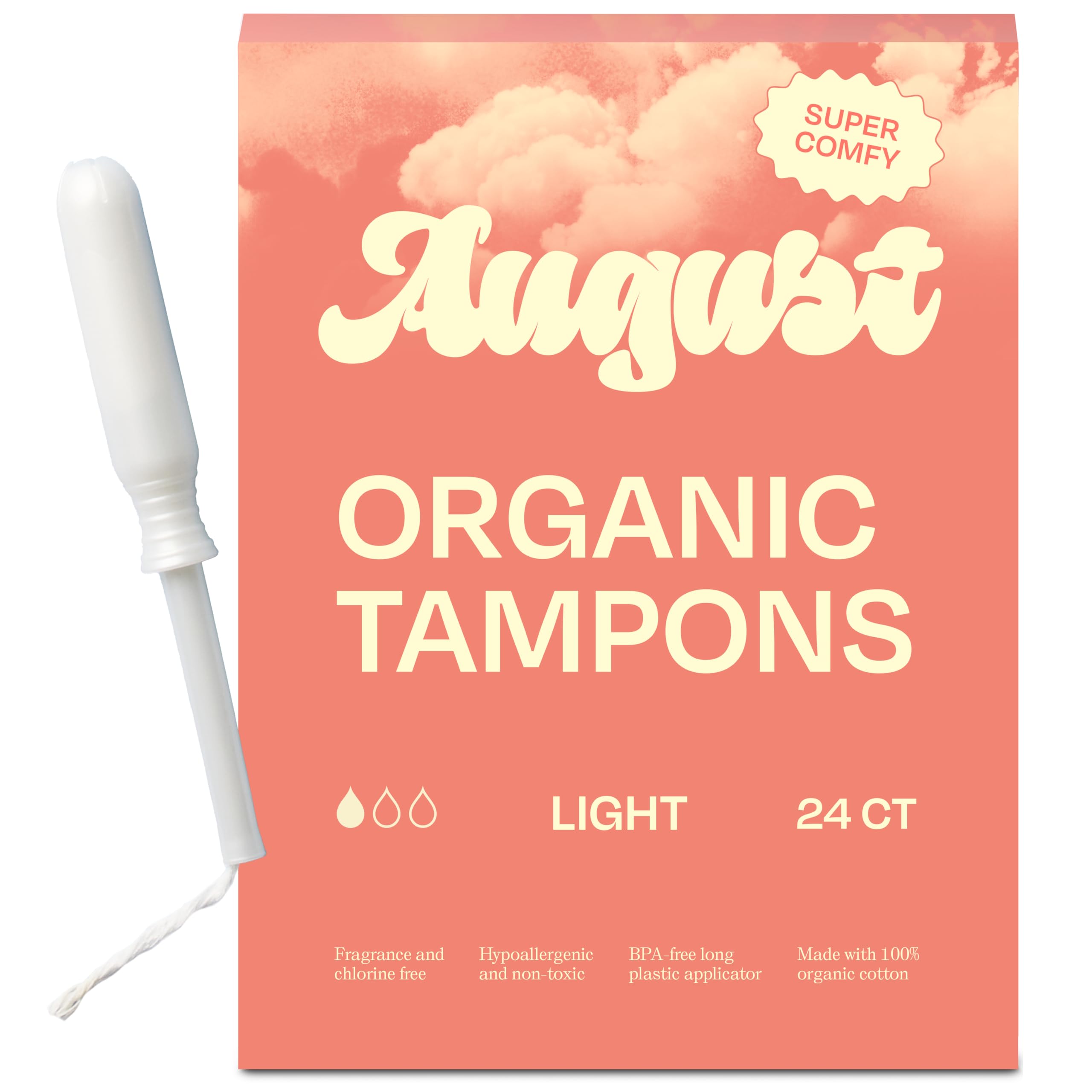 August Light Tampons packaging shown with a discreet, eco-friendly design.