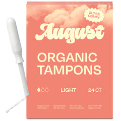 August Light Tampons packaging shown with a discreet, eco-friendly design.