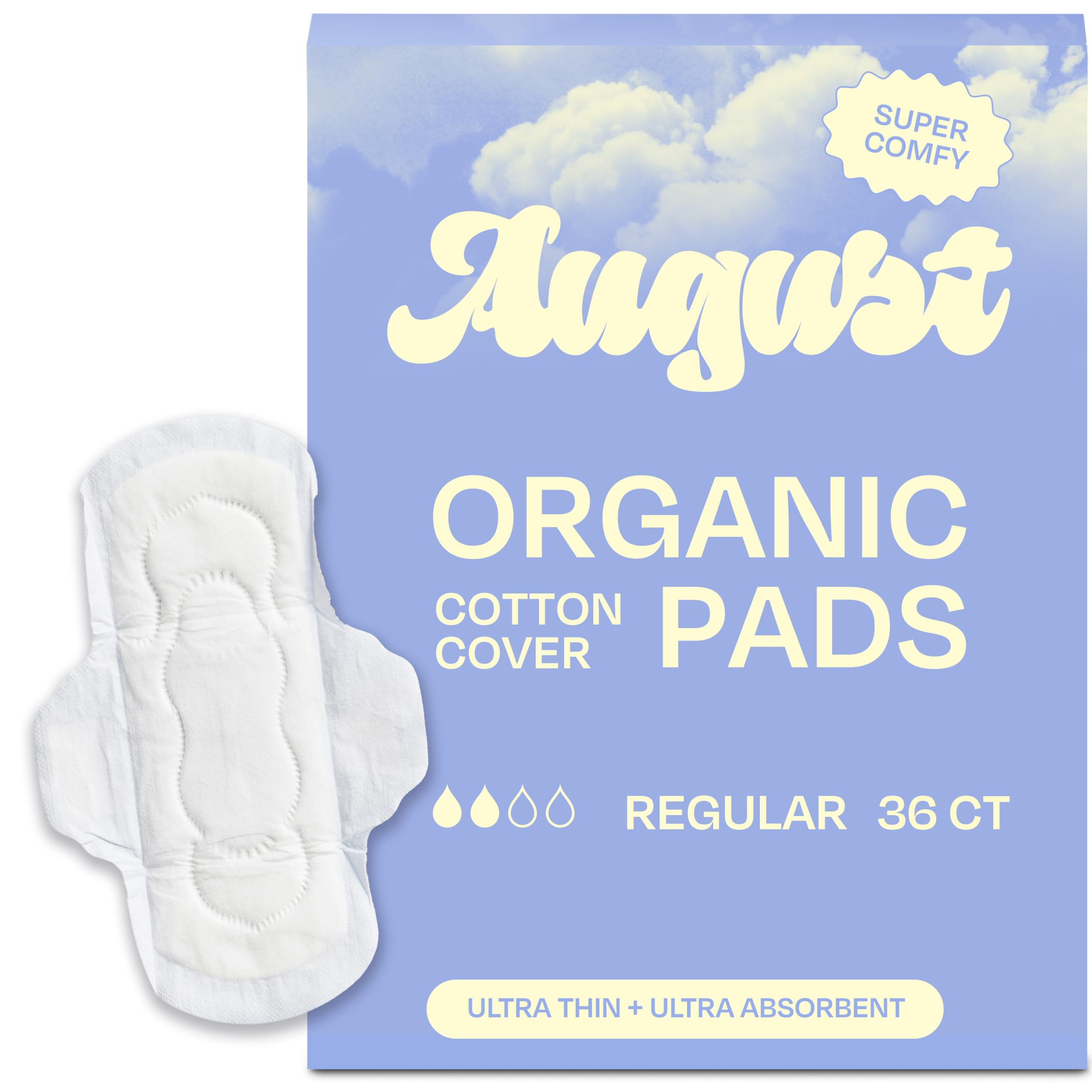 August Regular Cotton Pad pack front view showing 36-count with wings for daily reliability