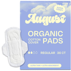 August Regular Cotton Pad pack front view showing 36-count with wings for daily reliability