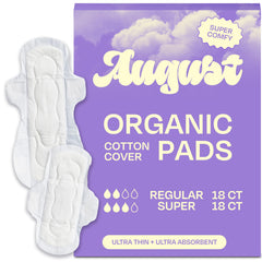 August Regular & Super pads pack front showing day and night protection with wings