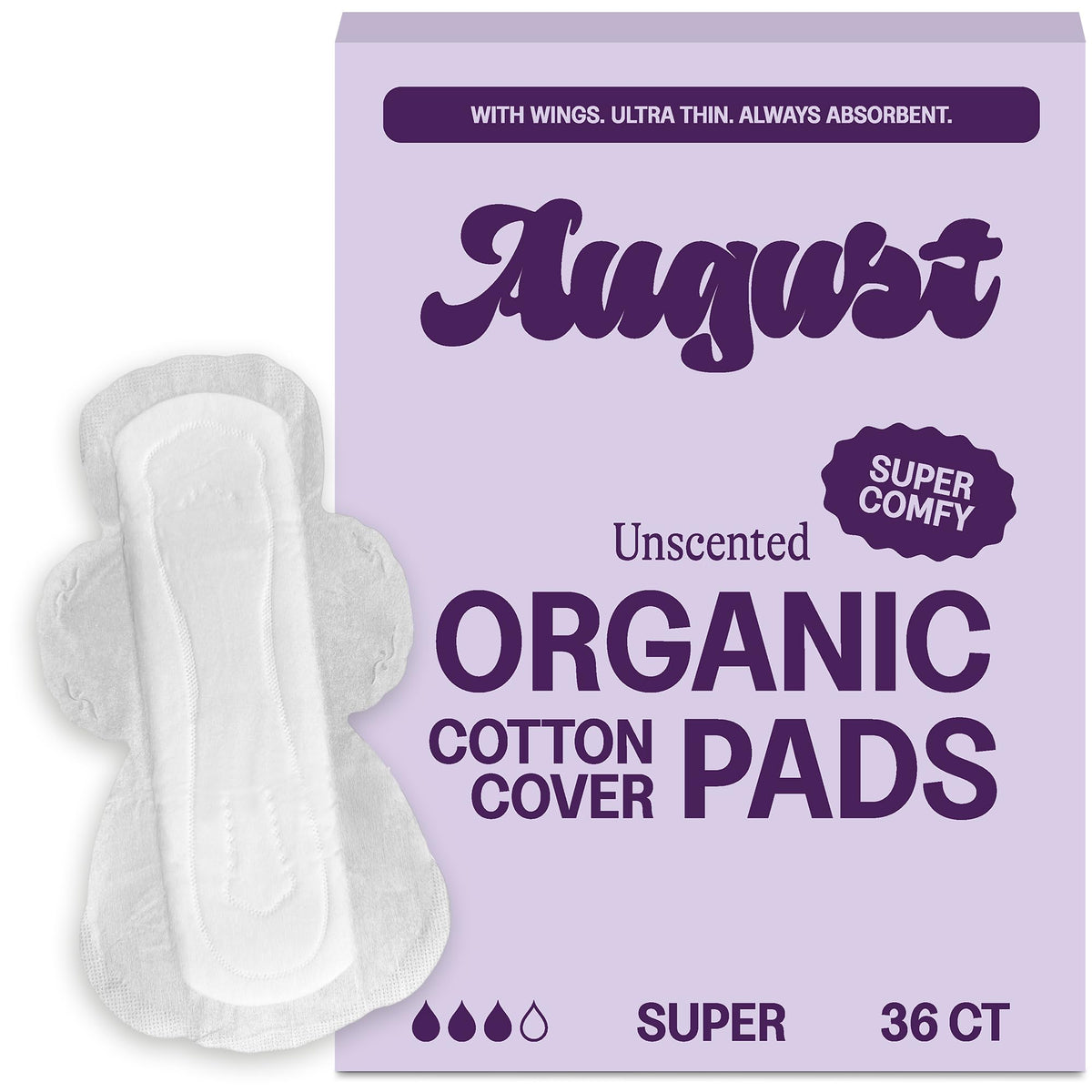 August Super Cotton Pads pack front view emphasizes all-day comfort