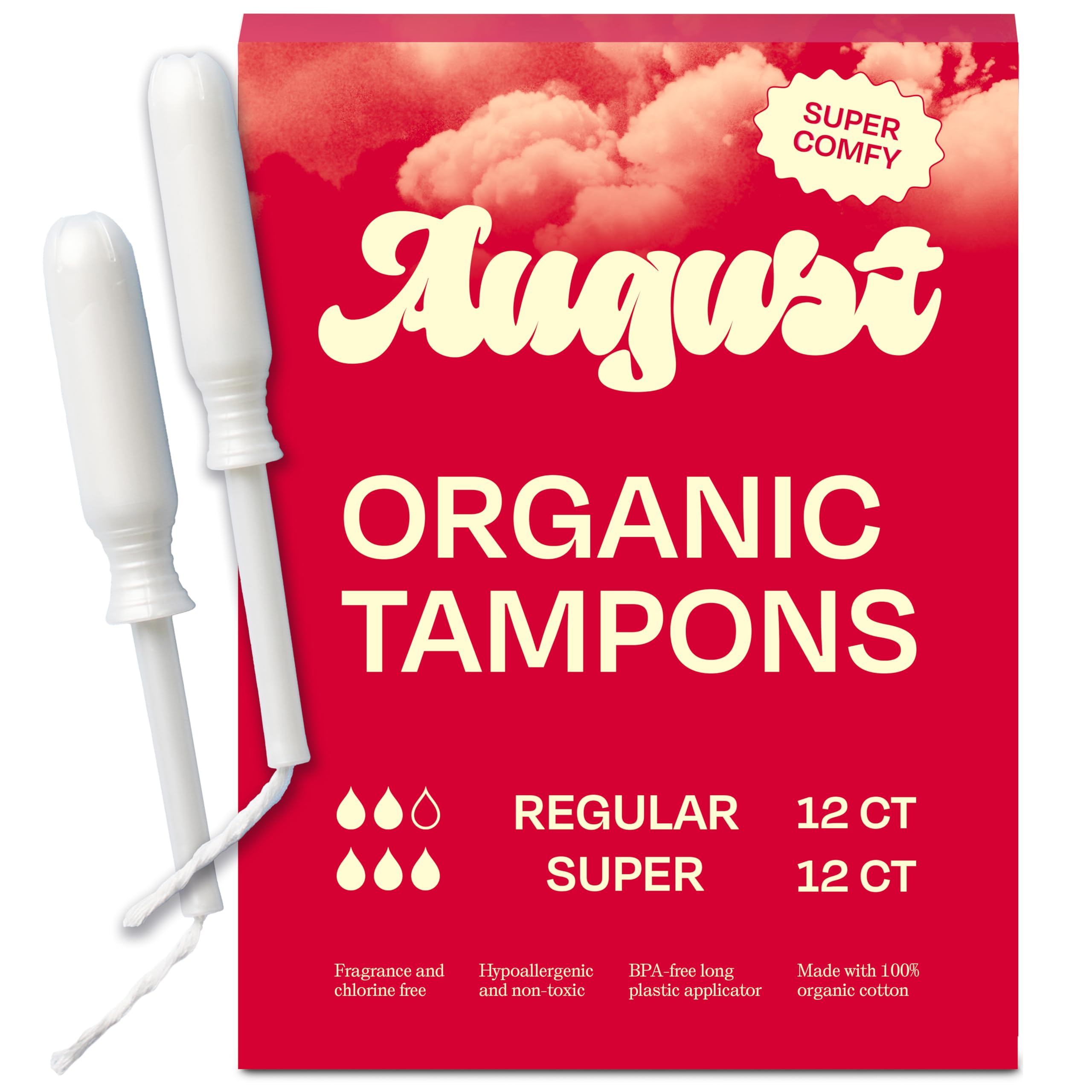 August tampons 24-pack packaging shows a compact, eco-friendly box for easy storage.