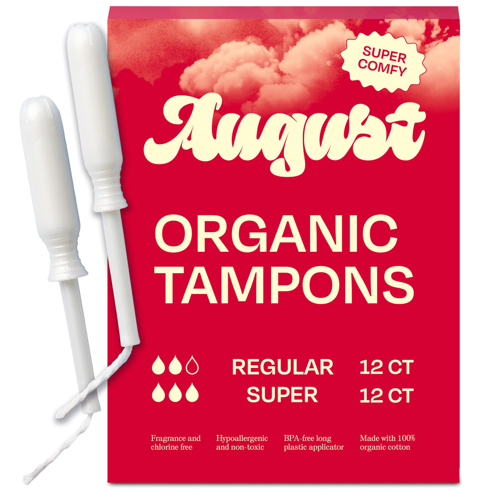 August tampons 24-pack packaging shows a compact, eco-friendly box for easy storage.