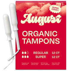 August tampons 24-pack packaging shows a compact, eco-friendly box for easy storage.