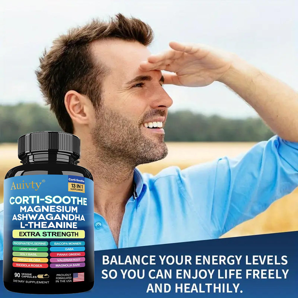 Auivty Corti-Soothe ingredient list emphasizes magnesium and adaptogens.