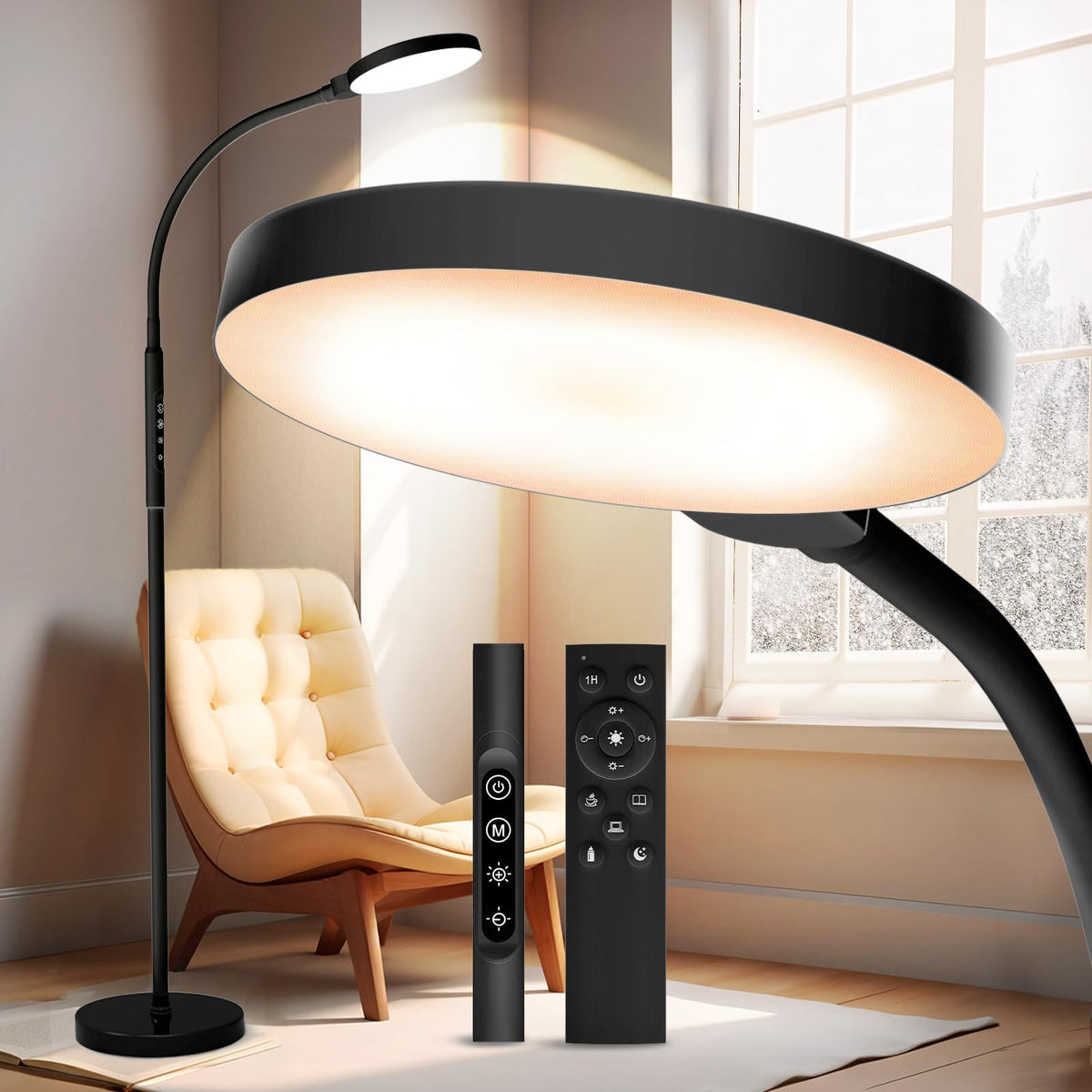 Aulaidik light therapy lamp floor stand brightens a living room for daytime energy and focus.
