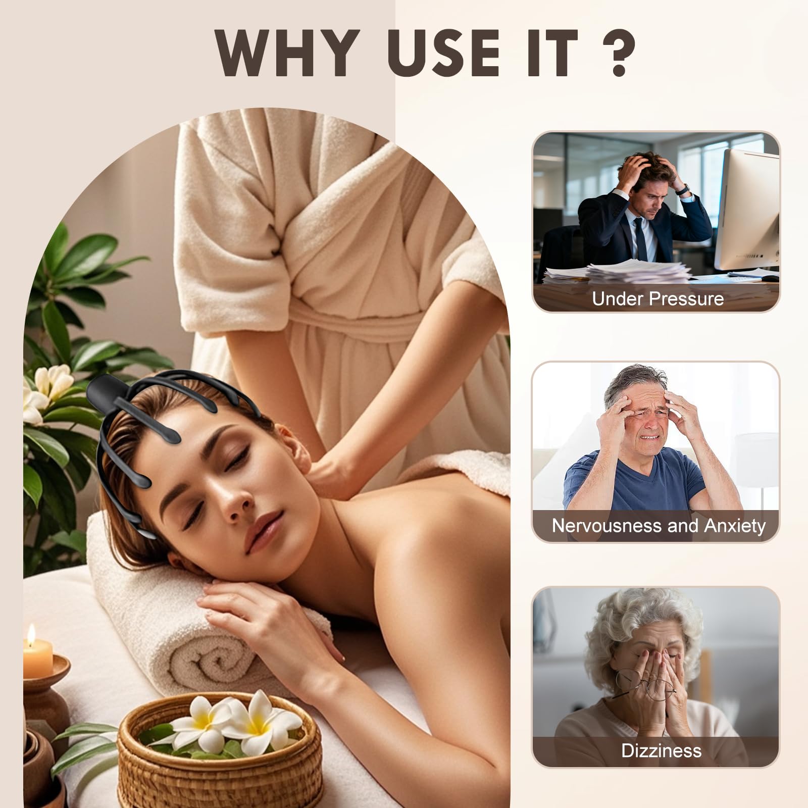 AULMEILA scalp massager shows 360-degree massage for full scalp coverage.