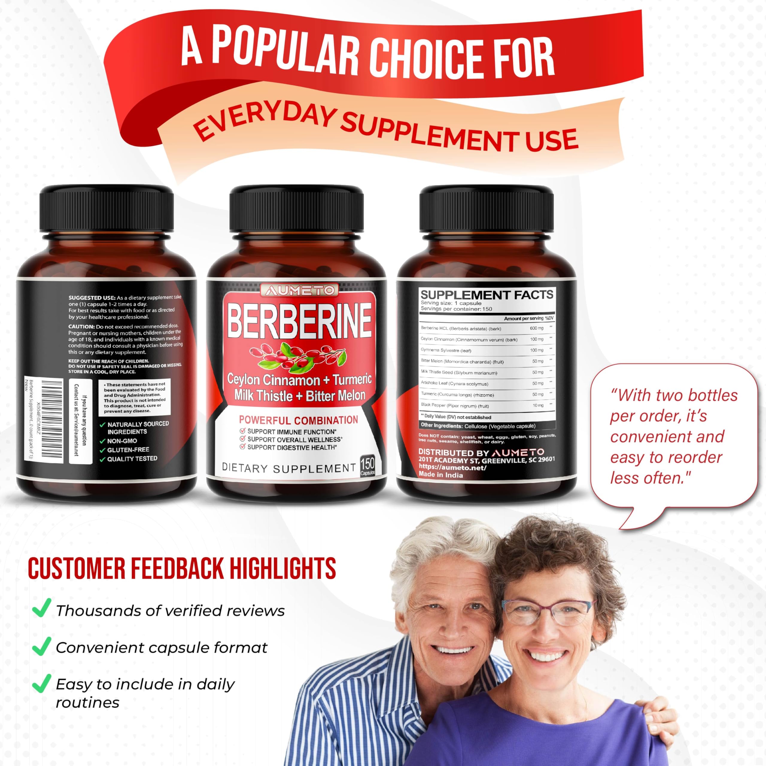 AUMETO Berberine 150 capsules per bottle in a 2-pack display shows value.