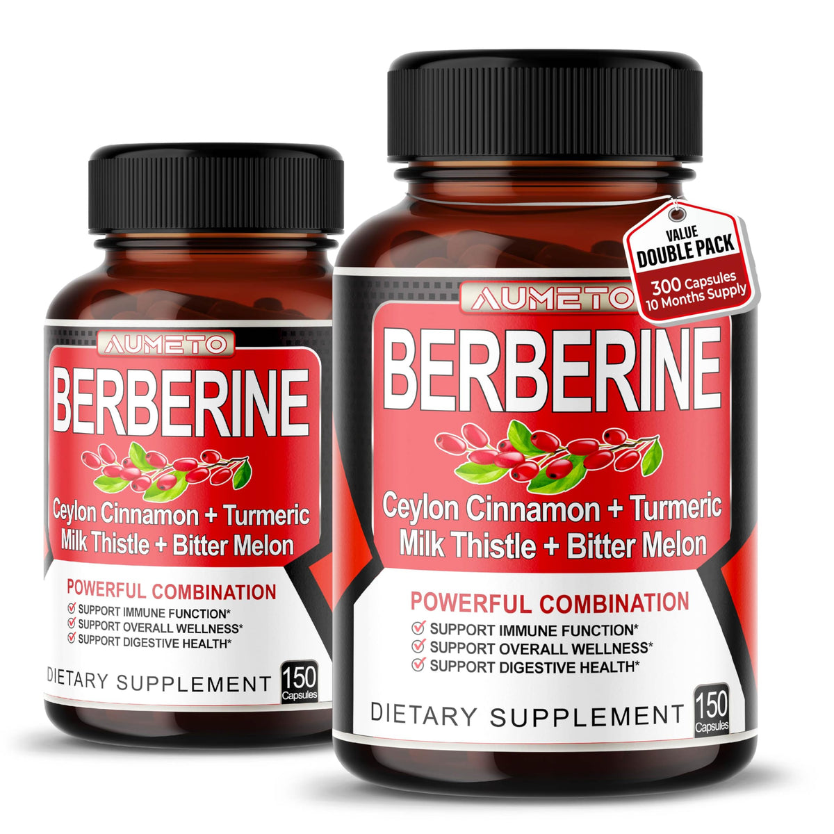 AUMETO Berberine bottle front shows the label for digestive balance.