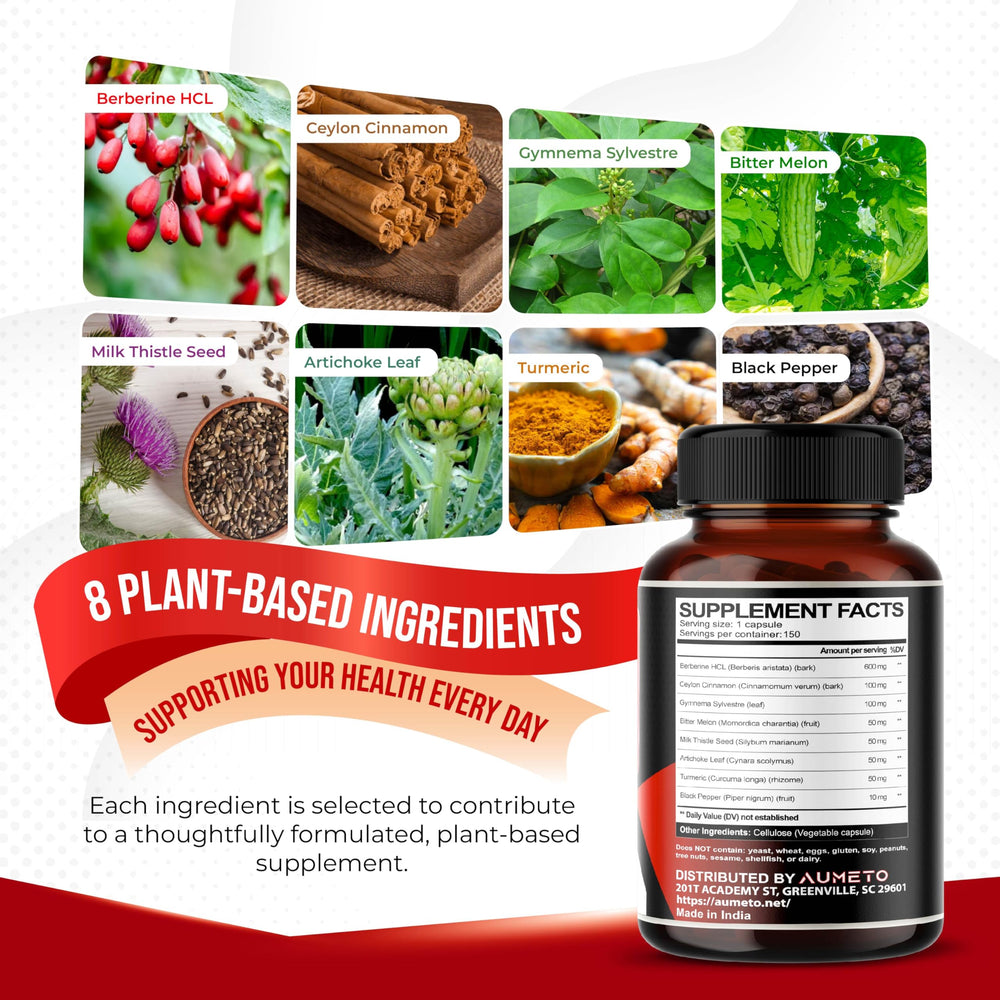 AUMETO Berberine bottle with milk thistle imagery suggesting liver-friendly notes.