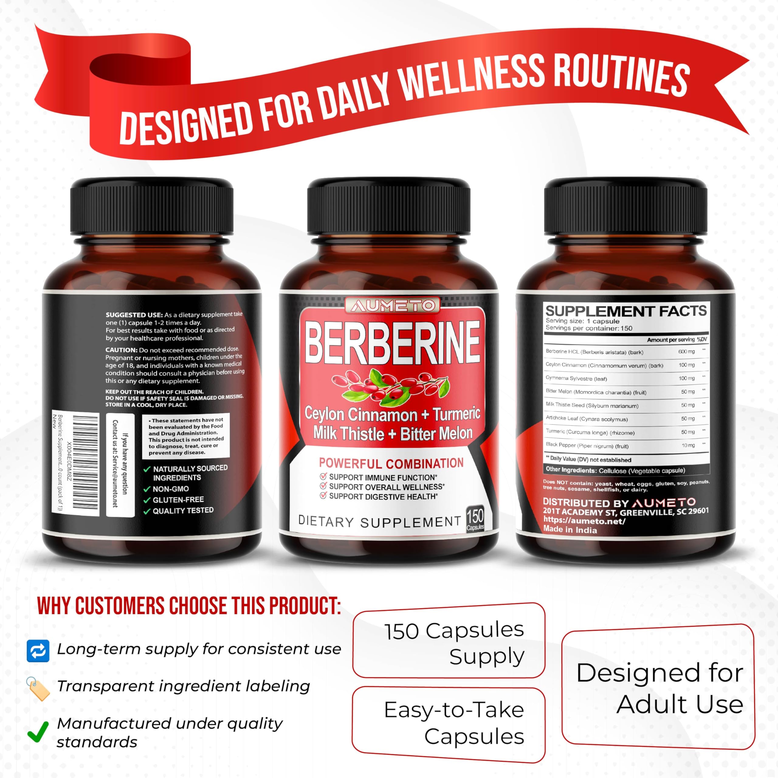 AUMETO Berberine bottle on a store shelf for easy accessibility.