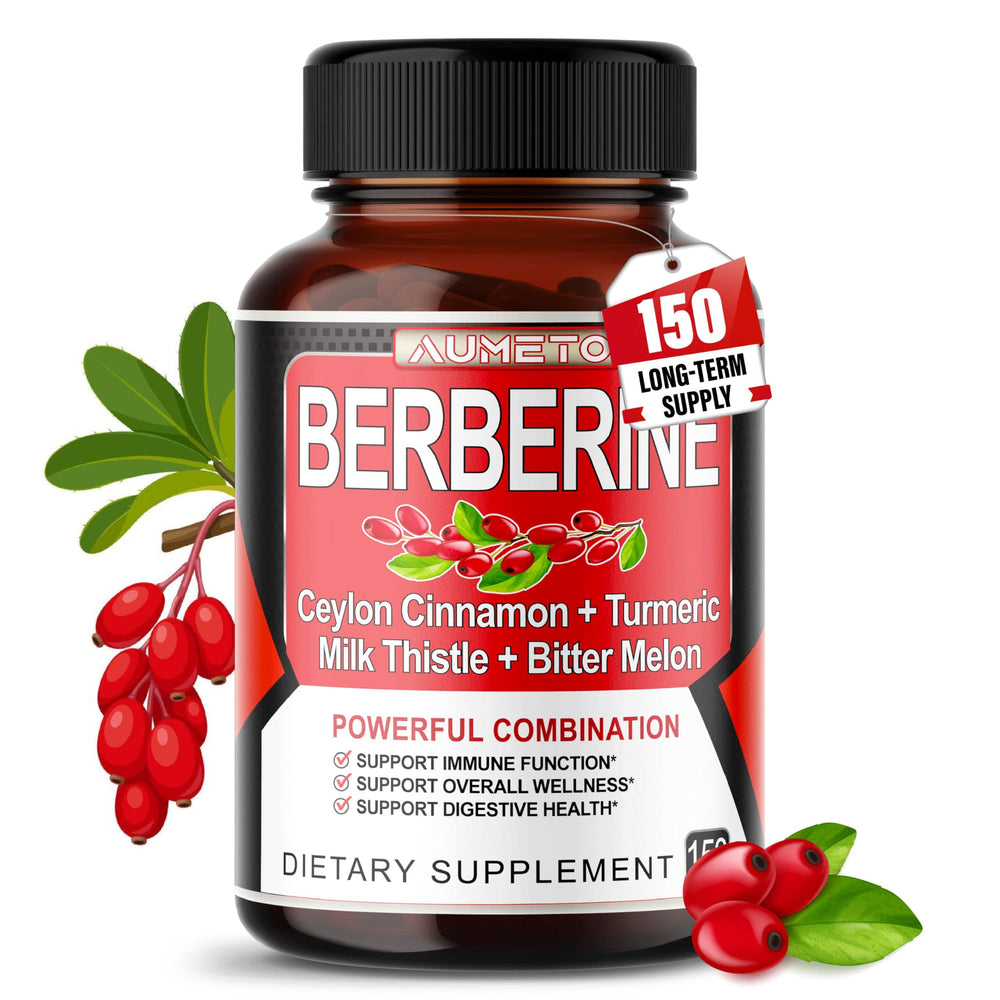 AUMETO Berberine capsules bottle on table for digestion and wellness.