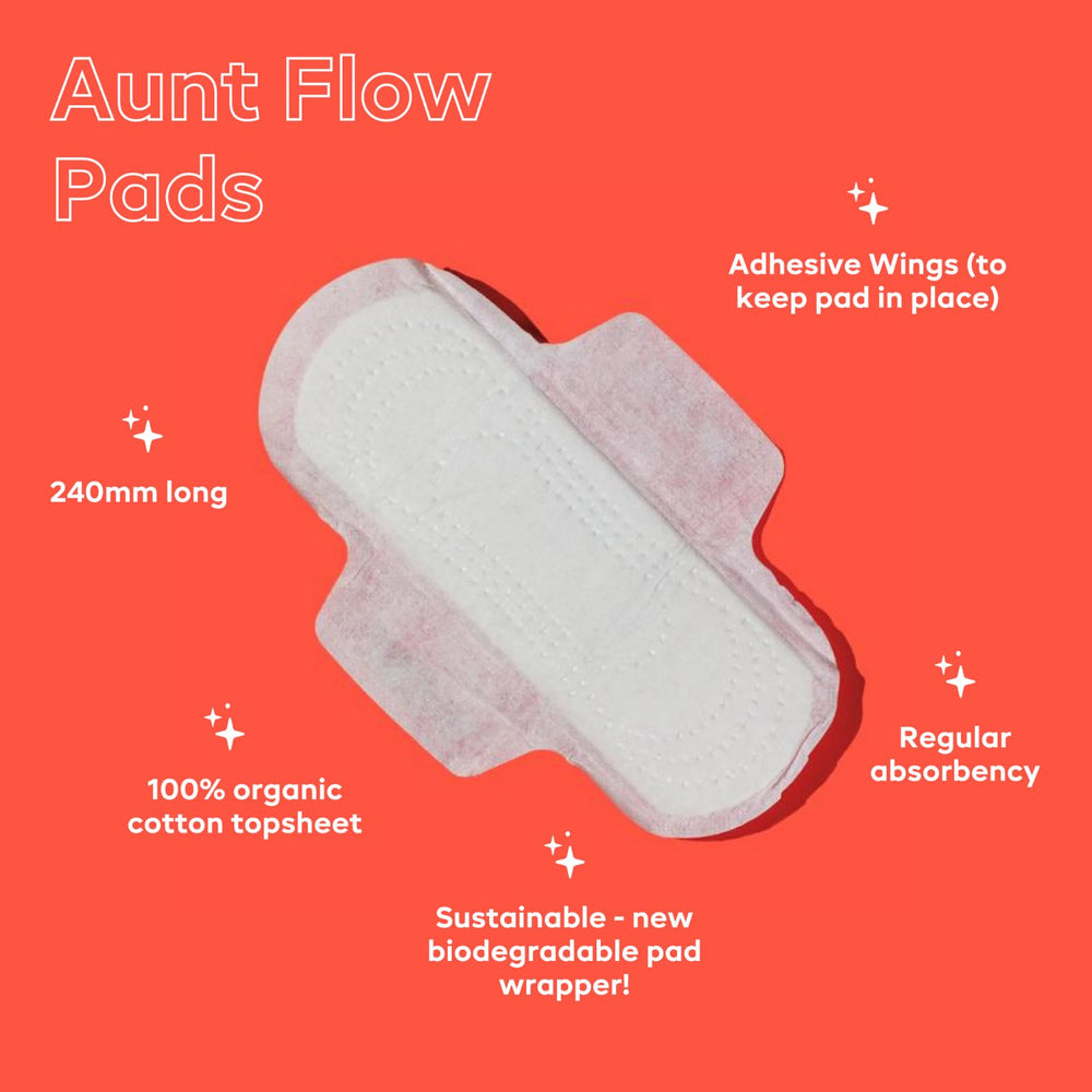 Aunt Flow pads with wings in a pack, eco-friendly daily protection.