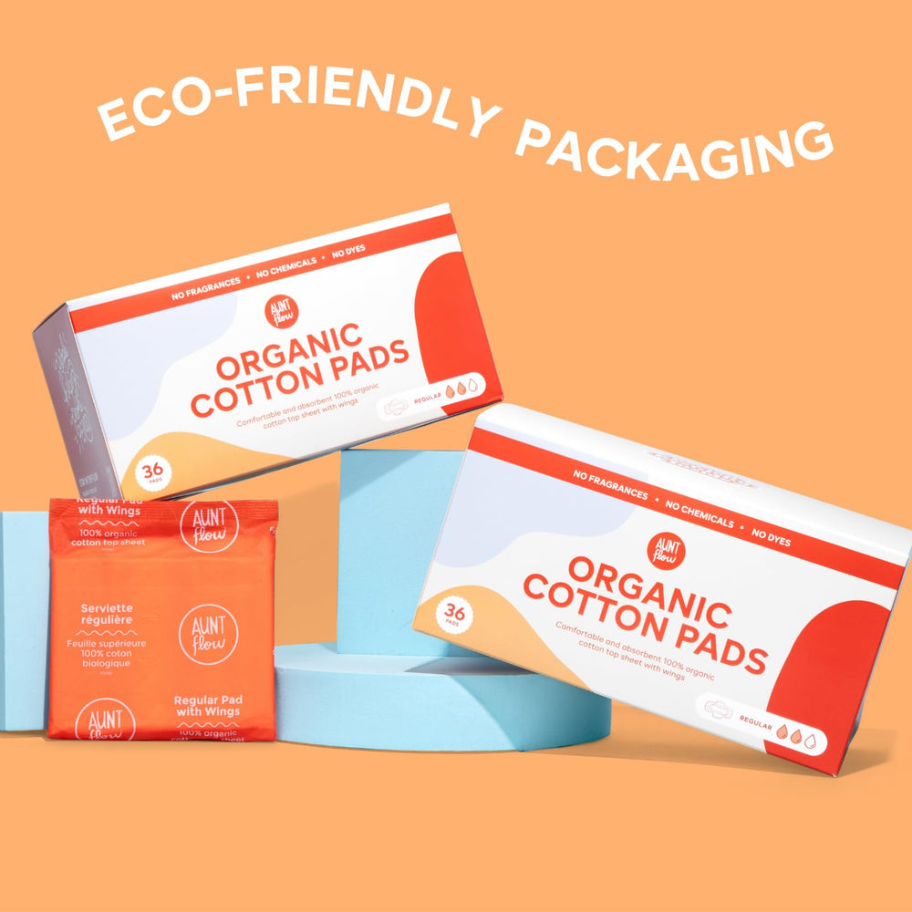 Aunt Flow organic cotton pads packaging box on display.