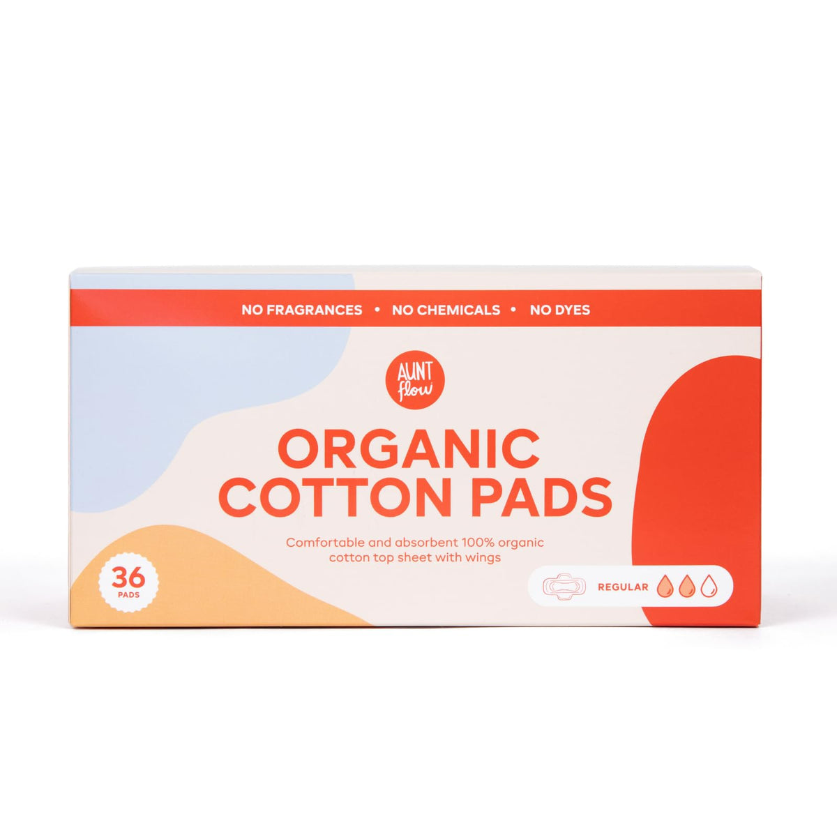 Aunt Flow organic cotton pads with wings, top view, soft surface for comfort.