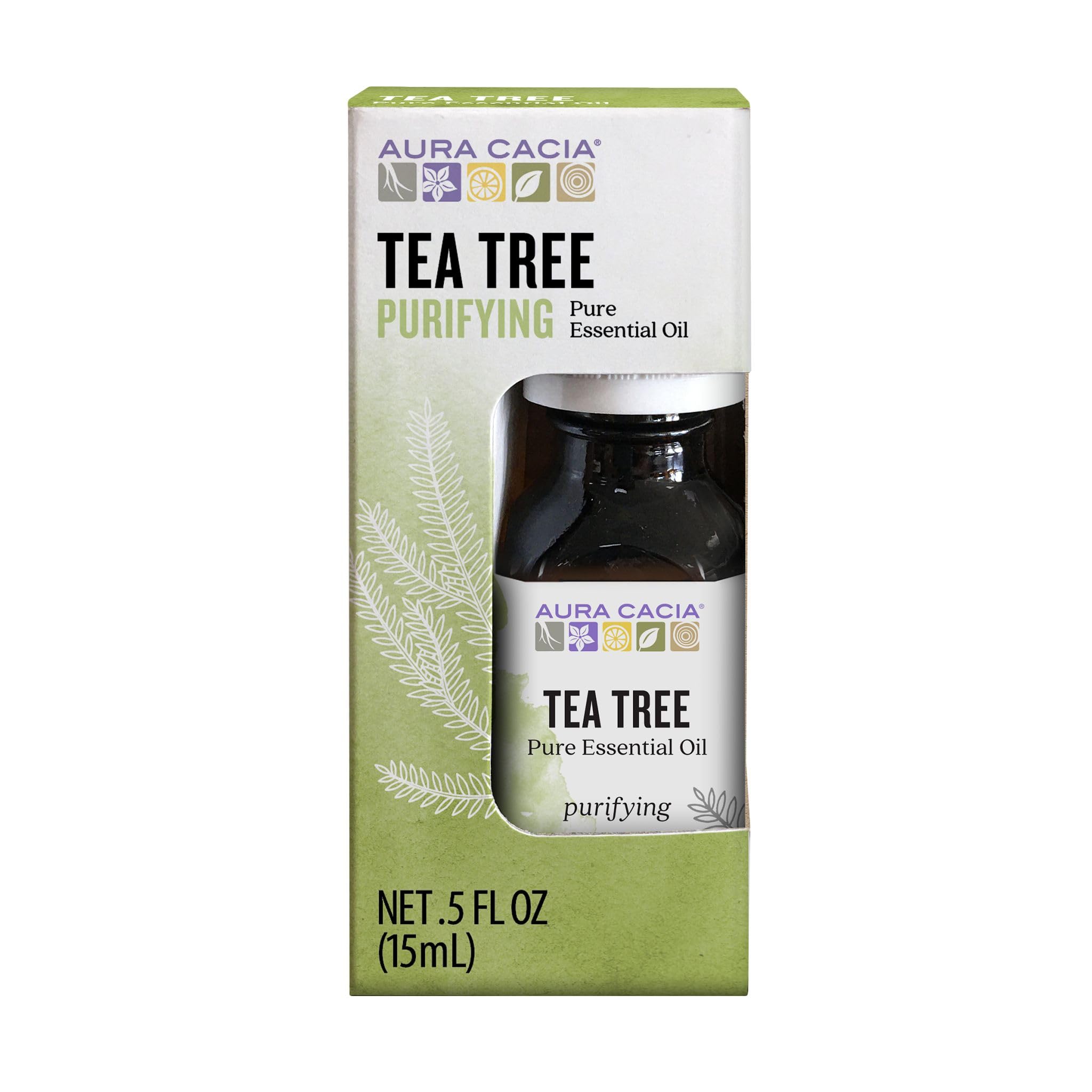 Aura Cacia aceite arbol de te, botella y etiqueta, aroma purificante