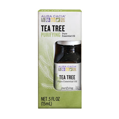 Aura Cacia aceite arbol de te, botella y etiqueta, aroma purificante