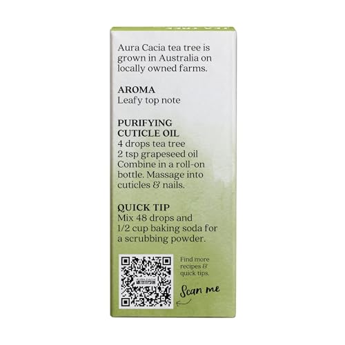 Aura Cacia aceite arbol de te, etiqueta en primer plano, puro y confiable