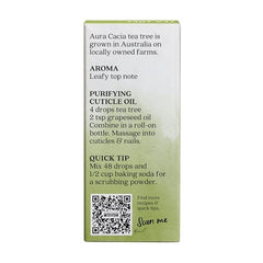 Aura Cacia aceite arbol de te, etiqueta en primer plano, puro y confiable