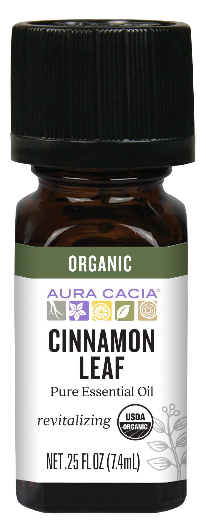 Aura Cacia Cinnamon Leaf Oil bottle pour, inviting aroma for diffusers and cozy spaces.