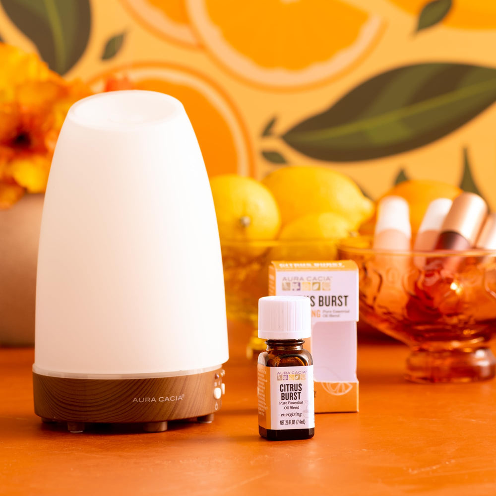 Aura Cacia Citrus Burst amber bottle reflects authentic, color-free essential oils.